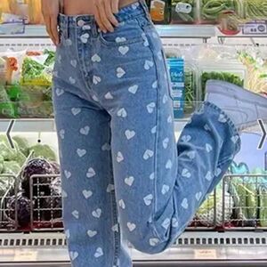 Garota Y2K Blue Medium Wash Heart Print High Rise Denim Jeans Size M